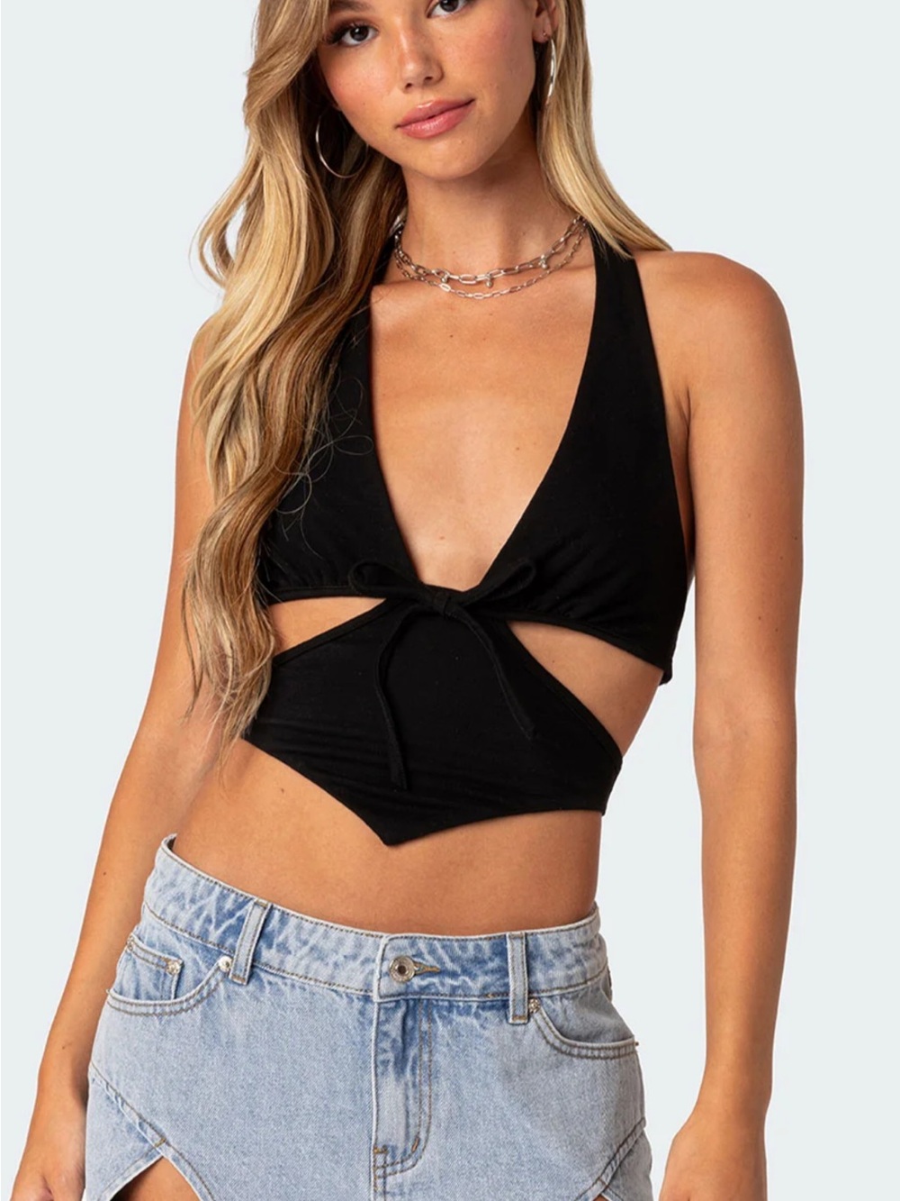 Edikted Black Tie-Front Cutout Halter Crop Top